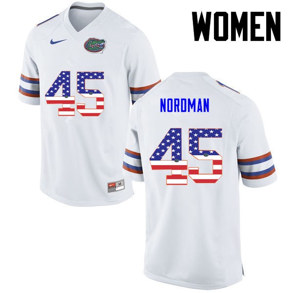 Florida Gators Women #45 Charles Nordman College Football USA Flag Fashion White